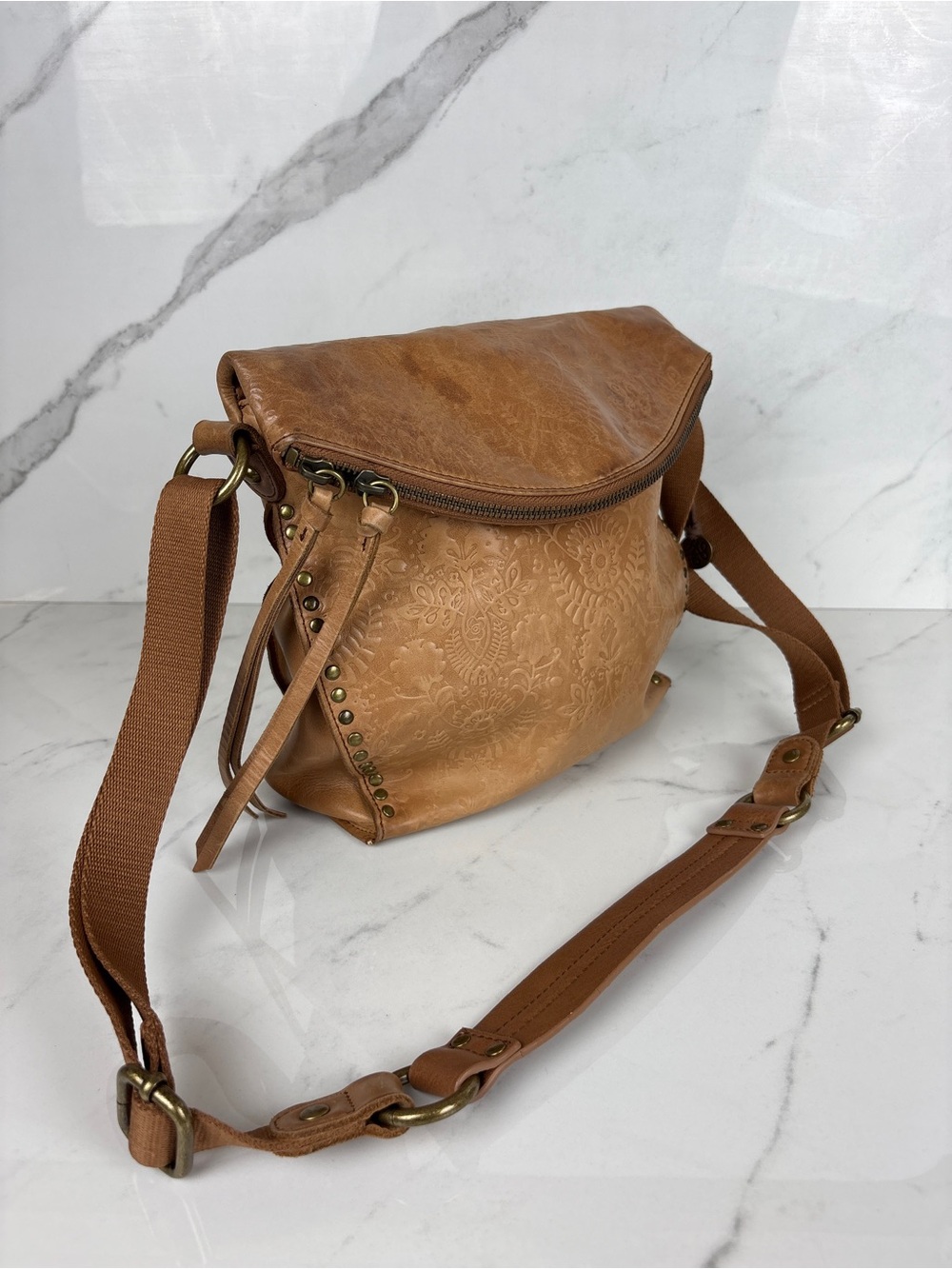 The Sak Silverlake Leather Flap Crossbody Bag Tobacco Floral Embossed
